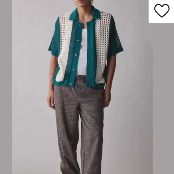 Urban Outfitters Unisex Teal & Cream Crochet Cardigan Size Medium Retro Style - Picture 5 of 14